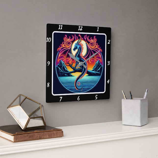 Shadowfire Neon Dragon Fyrkantig Klocka (Kontor)