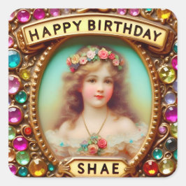 SHAE ~ GRATTIS PÅ FÖDELSEDAGEN ~ Vintage Girl ~ Fyrkantigt Klistermärke