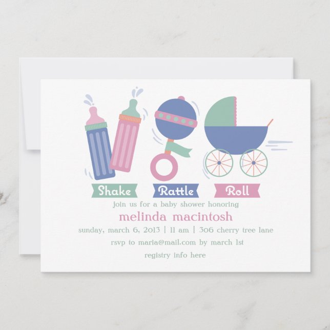 Shake Rattle & Roll Baby Shower Inbjudan (Framsida)