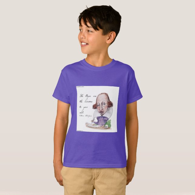 Shakespeare Caricature & Tempest Quote Boys T Shirt (Hel framsida)