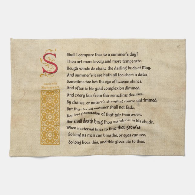 Shakespeare sonett 18 (XVIII) på Parchment Kökshandduk (Horisontell)