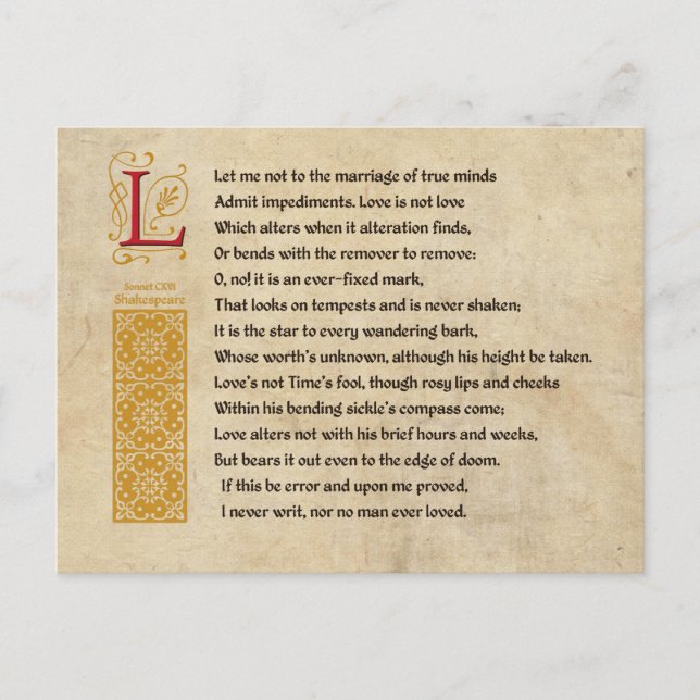 Shakespeare Sonnet 116 (CXVI) on Parchment Vykort (Framsida)
