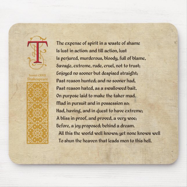 Shakespeare Sonnet 129 (CXXIX) on Parchment Musmatta (Framsidan)