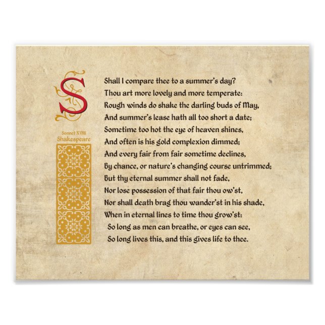 Shakespeare Sonnet 18 (XVIII) på Parchment Fototryck (Framsidan)