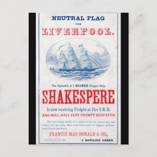 Shakespere Clipper-segling frakt 1861 Vykort (Framsida)