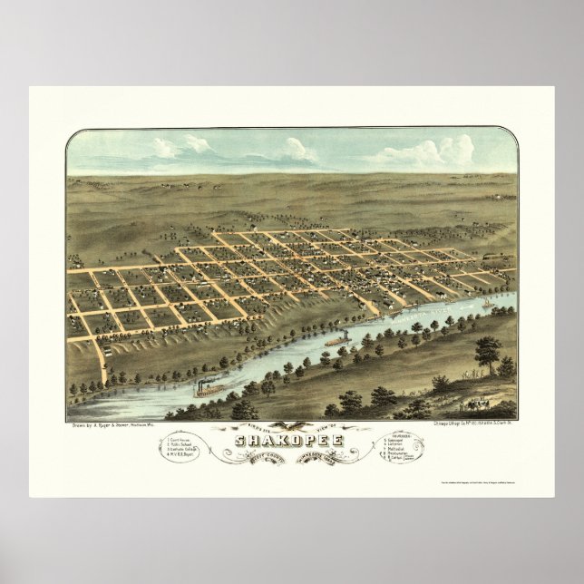 Shakopee, MN Panoramic Karta - 1869 Poster (Framsidan)