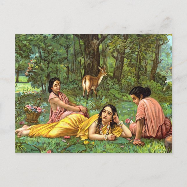 Shakuntala Patralekhana by Raja Ravi Varma Vykort (Framsida)