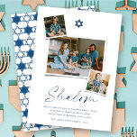 Shalom Blue Star of David 3 Photo Simple Hanukkah Julkort<br><div class="desc">Detta moderna minimalistiska Hanukkah-kort har hälsning "Shalom" i ett handskript för trendig. En mörk, marin blå stjärna av David-symbolen sitter i mitten överst med 3 omedelbara fotosamlingslayout. En önskan från kort helgdag och namn-signeringen från familjen placeras grund på kortet. Stjärna för David-symbolen, hälsning, text och bakgrund kan ändras till valfritt...</div>