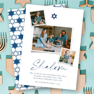Shalom Blue Star of David 3 Photo Simple Hanukkah Julkort