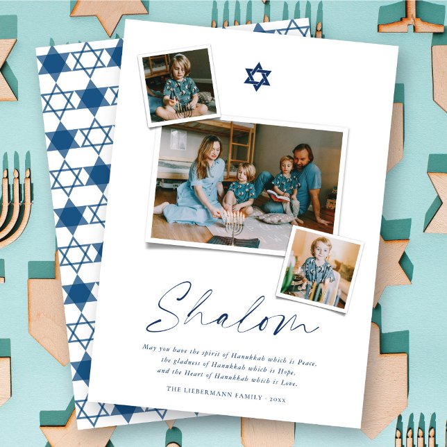 Shalom Blue Star of David 3 Photo Simple Hanukkah Julkort (Skapare uppladdad)
