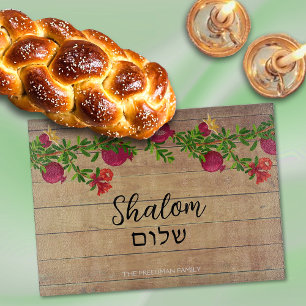 Shalom-färgade granater på träeffektglas