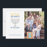 Shalom Peace on Earth Hanukkah<br><div class="desc">Var ljuset! Skicka det här kortet till vänner och familj den här helgdag och värm deras andar med ljus. Silver-menorah med blå text och guld i Shalom (i hebreiska) på jorden. Enkel att anpassa med ditt namn och din bild. Enkel att anpassa med text, typsnitt och färg. Skapat av Zazzle...</div>