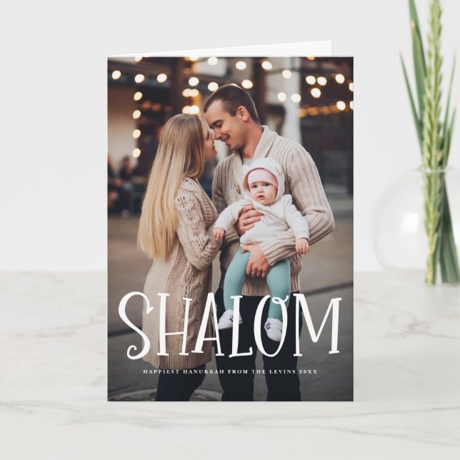 Shalom White Lettering Overlay Lycklig Hanukkah Helgkort (Framsida)
