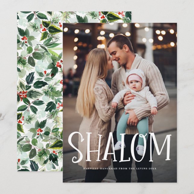 Shalom White Lettering Overlay Photo Hanukkah Julkort (Fram/baksida)