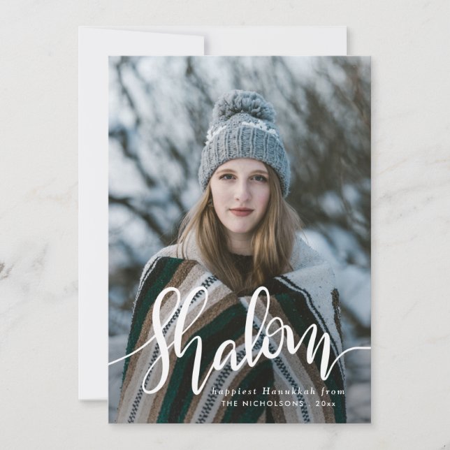 Shalom White Script Photo Overlay Hanukkah Julkort (Framsida)