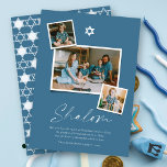 Shalom White Star of David 3 Photo Simple Hanukkah Julkort<br><div class="desc">Detta moderna minimalistiska Hanukkah-kort har hälsning "Shalom" i ett handskript för trendig. En vit stjärna med David-symbolen sitter i mitten överst med 3 omedelbara fotosamlingslayout. En önskan från kort helgdag och namn-signeringen från familjen placeras grund på kortet. Stjärna för David-symbolen, hälsning, text och bakgrund kan ändras till valfritt färg. Designade/ursprungliga...</div>