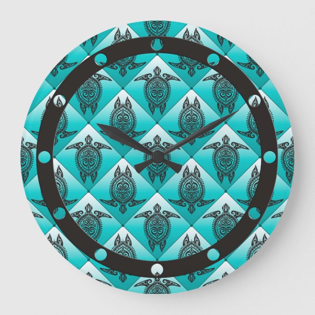 Shamanic Sea Turtles Mönster - cyan Stor Klocka (Framsida)