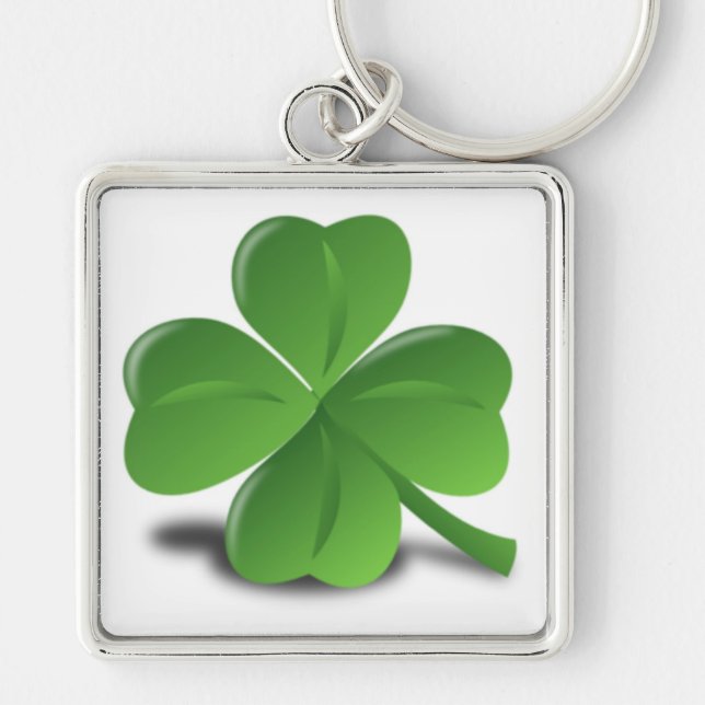 Shamrock 3D/klöver Fyrkantig Silverfärgad Nyckelring (Framsidan)
