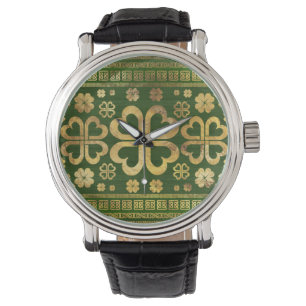 Shamrock 4-löv Grönt Wood och Guld Armbandsur