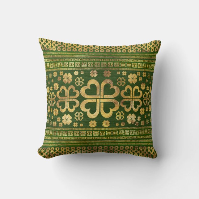 Shamrock 4-löv Grönt Wood och Guld Kudde (Framsida)