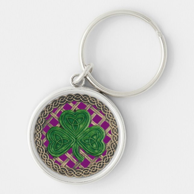 Shamrock and Celtic Knoches Keychain Lila Rund Silverfärgad Nyckelring (Framsidan)