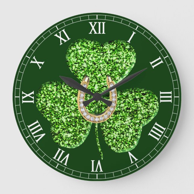 Shamrock and Horseshoe Roman Numeral Clock Stor Klocka (Framsida)
