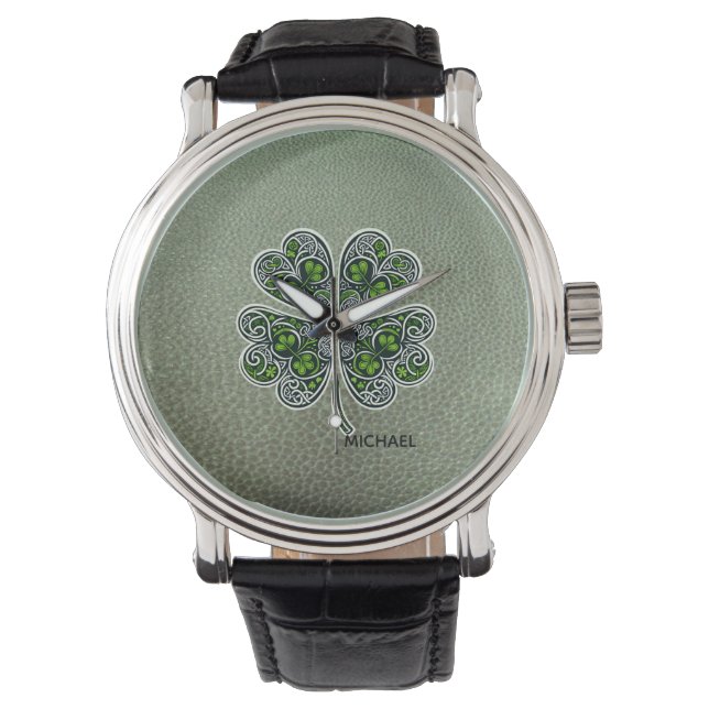 Shamrock Colover St.Patrick`s Day Grön läder  Armbandsur (Framsida)