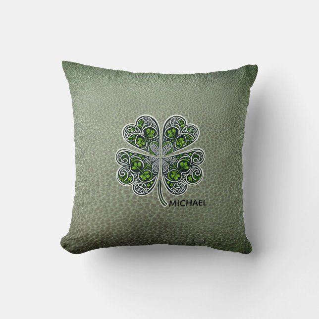 Shamrock Colover St.Patrick`s Day Grön läder  Kudde (Framsida)