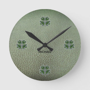 Shamrock Colover St.Patrick`s Day Grön läder Rund Klocka