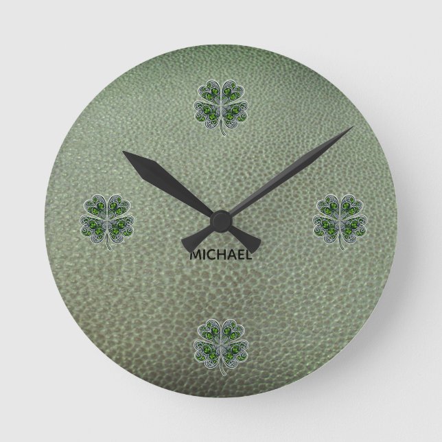 Shamrock Colover St.Patrick`s Day Grön läder  Rund Klocka (Framsida)