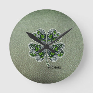 Shamrock Colover St.Patrick`s Day Grön läder Rund Klocka