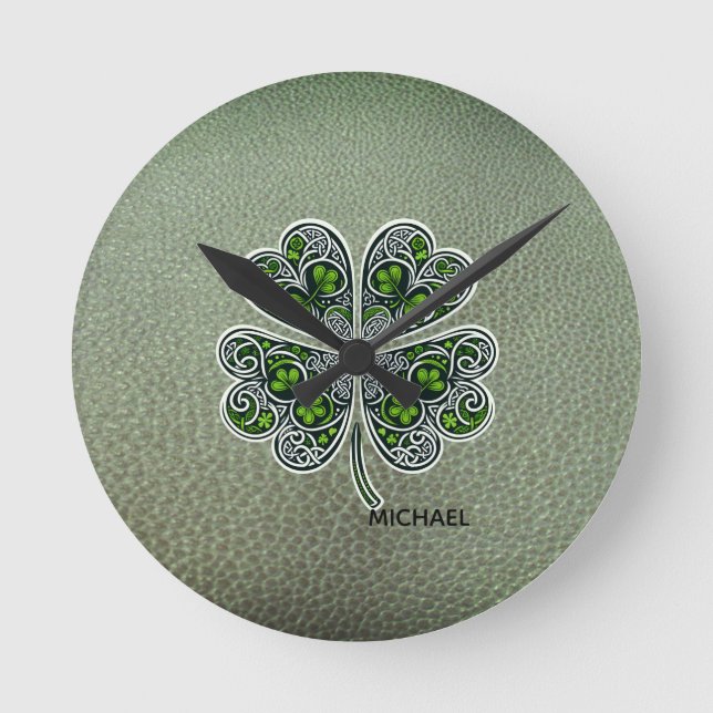 Shamrock Colover St.Patrick`s Day Grön läder  Rund Klocka (Framsida)