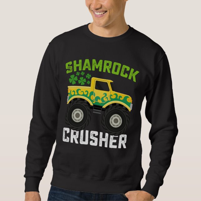 Shamrock Crusher Monster Truck St Patricks Day Lång Ärmad Tröja (Framsida)