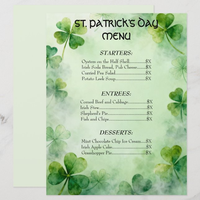 Shamrock Dröm St. Patrick's Day Meny (Fram/baksida)
