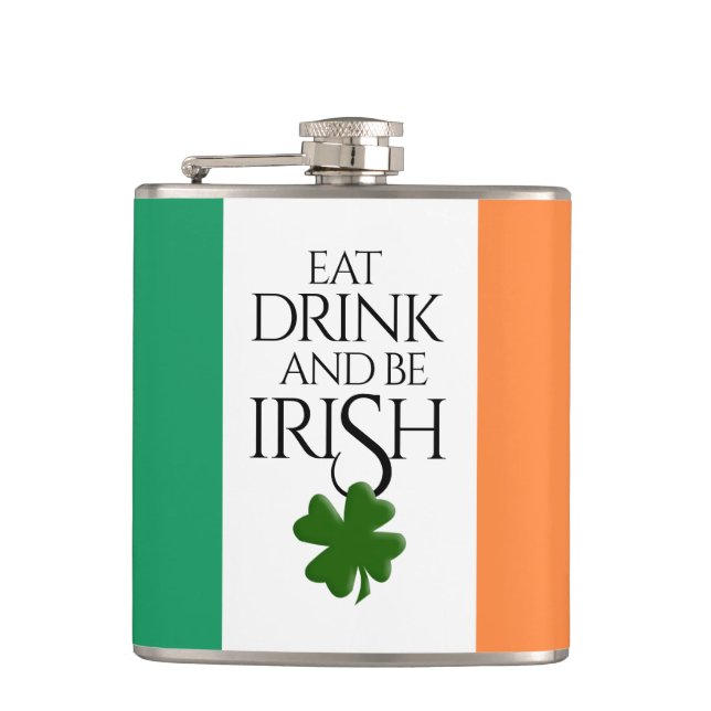 Shamrock Eat Drink och BE Irish Flagga Fickplunta (Framsidan)