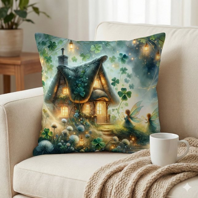 Shamrock Fairy Cottage Glow Kudde (Shamrock Fairy Cottage Glow Throw Pillow Mockup A)