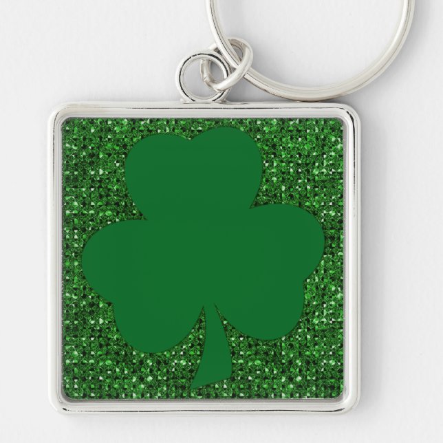 Shamrock Glitter Keychain Fyrkantig Silverfärgad Nyckelring (Framsidan)