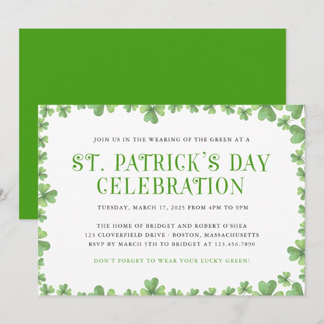 Shamrock Gräns St. Patrick's Day Party Inbjudan (Fram/baksida)