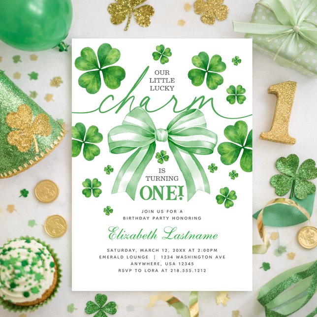 Shamrock Grön Båge Lucky Charm 1-årsdag Inbjudningar (Shamrock Green Bow Lucky Charm 1st Birthday Invitation)