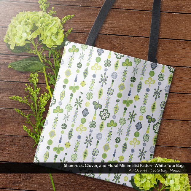 Shamrock, Klöver, Blommigt minimalist Mönster Whit Tygkasse (Shamrock, Clover, Floral Minimalist Pattern White Tote Bag - Medium Size)