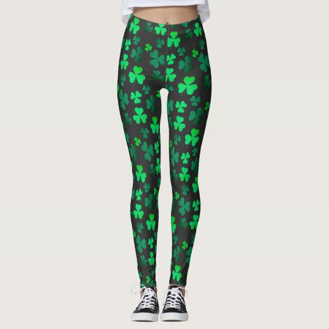 Shamrock Klöver Ireland Irish Modern Grönt & Black Leggings (Framsida)