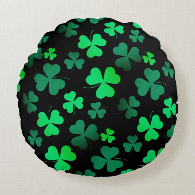 Shamrock Klöver Ireland Irish Modern Grönt & Black Rund Kudde (Framsidan)