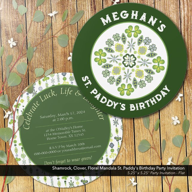 Shamrock Klöver Mandala St. Paddy's Födelsedagsfes Inbjudningar (Shamrock, Clover, and Floral Lucky Mandala: St. Paddy's Birthday Party Invitation)