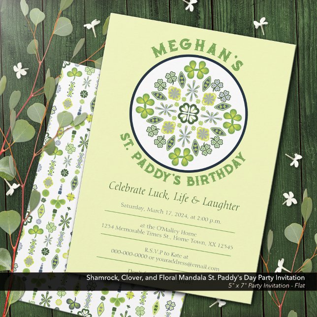 Shamrock Klöver Mandala St. Paddy's Födelsedagsfes Inbjudningar (Shamrock, Clover, and Floral Lucky Mandala: St. Paddy's Birthday Party Invitation)