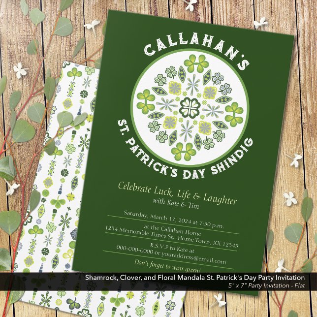 Shamrock Klöver Mandala St. Patrick's Day Party Inbjudningar (Shamrock, Clover, and Floral Mandala: St. Patrick's Day Party Invitation)