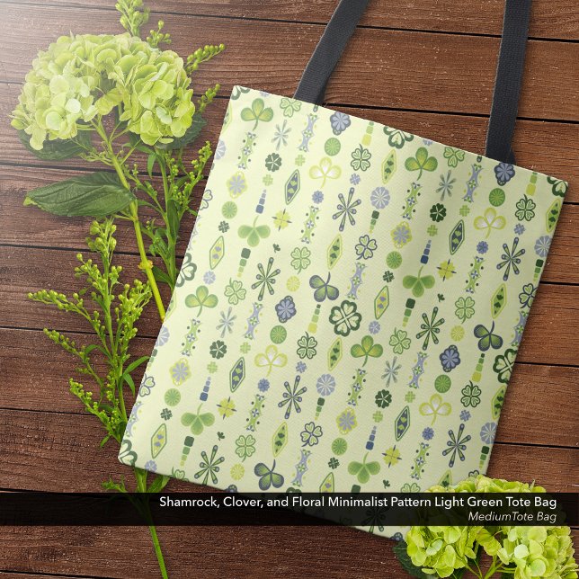 Shamrock Klöver minimal Modern Mönster Gult Tygkasse (Shamrock, Clover, and Floral Minimalist Pattern Light Yellow-Green Tote Bag - Medium Size)