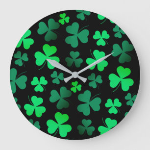 Shamrock Klöver Modern Trendig Black and Grönt Stor Klocka