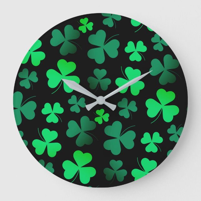 Shamrock Klöver Modern Trendig Black and Grönt Stor Klocka (Framsida)