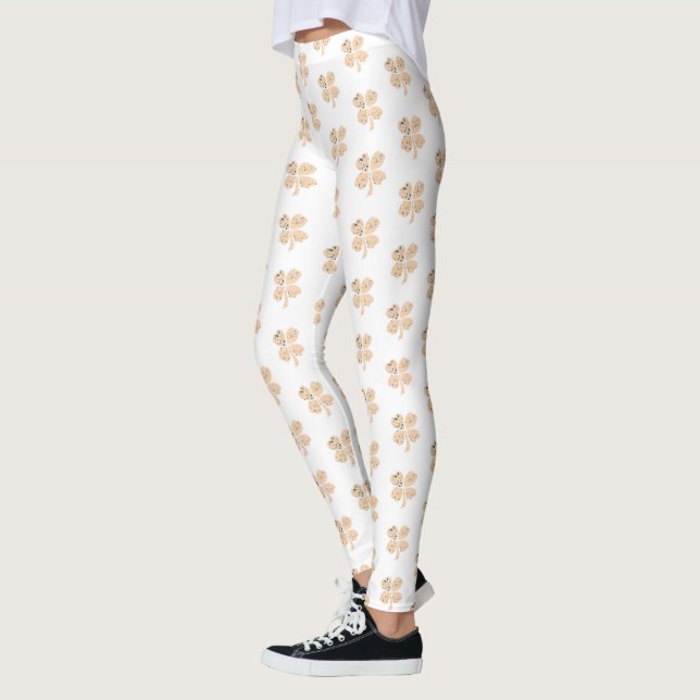 Shamrock Klöver Mönster Beige St Patrick's Day Leggings (Vänster)