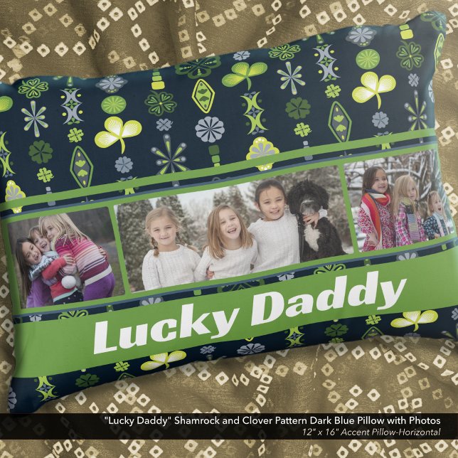 Shamrock Klöver Mönster Blue Photo Prydnadskudde ("Lucky Daddy" Shamrock and Clover Dark Blue Pattern Pillow: Personalize with six different photos)